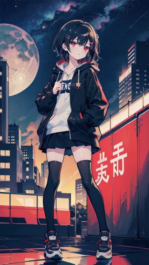 zettai ryouiki, Hoodie,short hair, Black hair, Flat chest, 1girl, Red eyes,teens girl,hair pin,Solo,full body, highres,blue sky,City,Looking up at the shining star,Looking up at the sky,night,Starry Sky,Shining Milky Way,moon,one cat