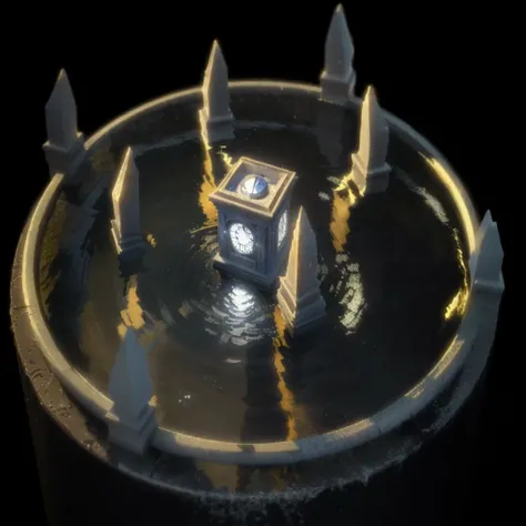 there is a small fountain with a clock on it in the dark, octagon render 8k, submerged temple scene, caustics lighting from above, rendered in unrealengine, rendered in cinema 4 d, rendered in cinema4d, 3 d render even lit, mysterious temple setting, subme...