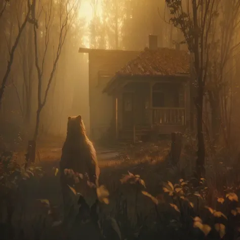 there is a bear that is standing in the woods, award winning cinematic still, burning scene in the background, atmospheric establishing shot, unreal engine. retro film still, shot from cinematic, unreal engine. film still, from the movie quest for fire, es...