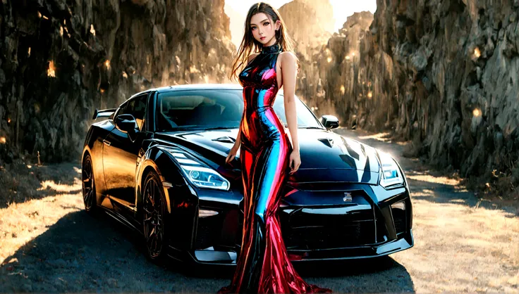 a beautiful girl in a tight dress posing next to a black nissan gtr, hyper realistic, 8k, cinematic lighting, detailed facial features, photorealistic, volumetric lighting, dramatic shadows, highly detailed, intricate details, stunning, exquisite, flawless...