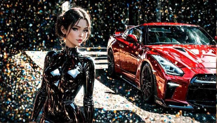 a beautiful girl in a tight dress posing next to a black nissan gtr, hyper realistic, 8k, cinematic lighting, detailed facial features, photorealistic, volumetric lighting, dramatic shadows, highly detailed, intricate details, stunning, exquisite, flawless...