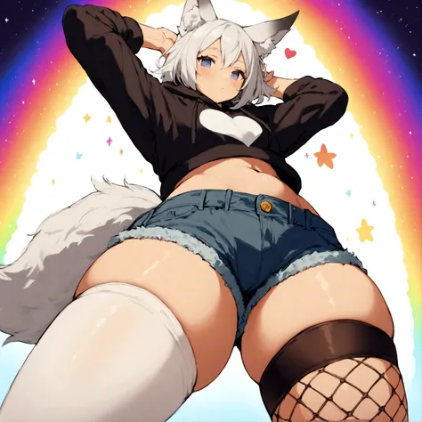 a cute adult male with wolf ears, white hair, has a wolf tail, wearing a loose cropped oversized black hoodie, wearing a pair of denim short shorts and thigh high fishnet stockings, thick thighs, wide hips, relaxing on mound of fluffy multi colored kawaii ...