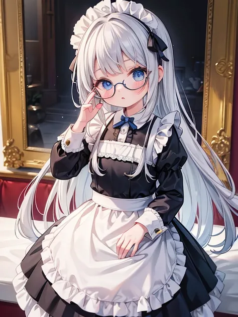 masterpiece, highest quality, Very detailed, 16k, Ultra-high resolution, panorama:1.5, 9-year-old girl, blue eyes, Glasses, Silver Hair, Long Hair, Braid, Black maid outfit