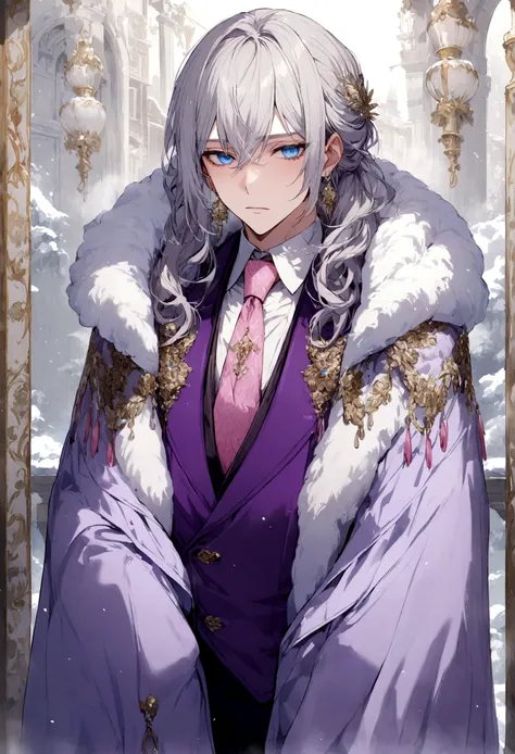 male with silver hair, blue eyes, purple vest, pink tie, cold, rich