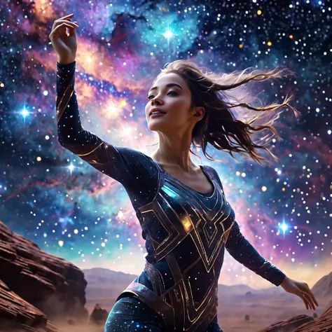 a cosmic girl dancing among the stars in nebula scenery, cinematic portrait, UHD, super detailed, luminescent, intricate, unreal engine,epic realism