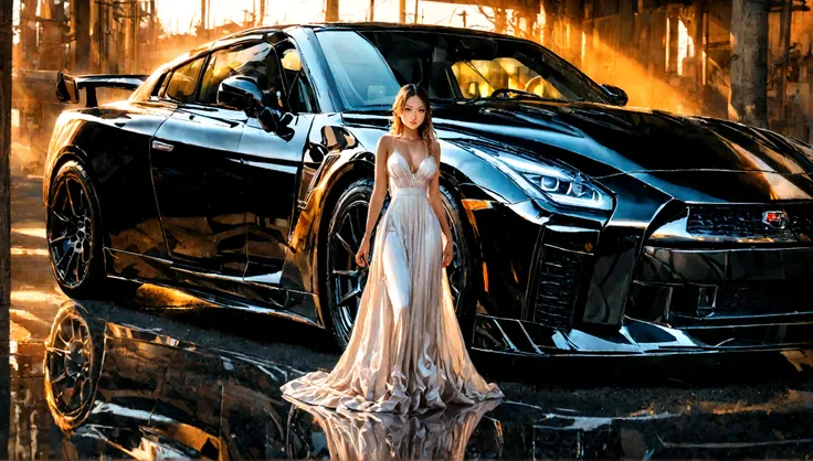 a beautiful girl in a tight dress posing next to a black nissan gtr, hyper realistic, 8k, cinematic lighting, detailed facial features, photorealistic, volumetric lighting, dramatic shadows, highly detailed, intricate details, stunning, exquisite, flawless...