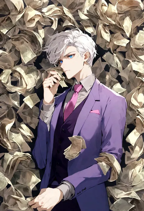 The man has short silver-white hair, blue eyes, purple vest, pink tie, cool, and has a lot of money