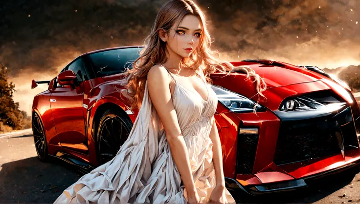 a beautiful girl in a tight dress, nissan gtr, amazing detailed car, luxury sports car, beautiful detailed girl, photorealistic, high quality, 8k, hyper realistic, cinematic lighting, dynamic composition, dramatic atmosphere, warm colors, glowing skin, mes...