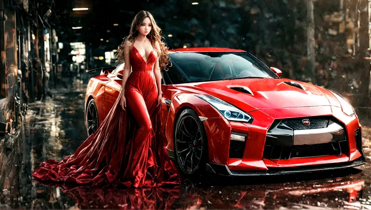 a beautiful girl in a tight dress, nissan gtr, amazing detailed car, luxury sports car, beautiful detailed girl, photorealistic, high quality, 8k, hyper realistic, cinematic lighting, dynamic composition, dramatic atmosphere, warm colors, glowing skin, mes...