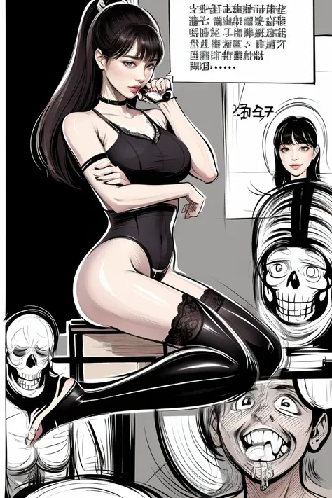 1 beautiful girl，lace top，leggings，sit astride a pile of skeletons，holding a sausage with juice squeezed out，smile. cbt, sausage bondage,sausage insertion,Sexy, trampling sausage with foot, comic storyboard:2, femdom，sounding，cbt，hold，smile，colorful， thin ...