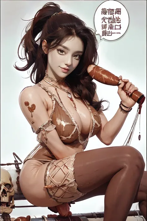 1 beautiful girl，lace top，leggings，sit astride a pile of skeletons，holding a sausage with juice squeezed out，smile. cbt, sausage bondage,sausage insertion,Sexy, trampling sausage with foot, comic storyboard:2, femdom，sounding，cbt，hold，smile，colorful， thin ...