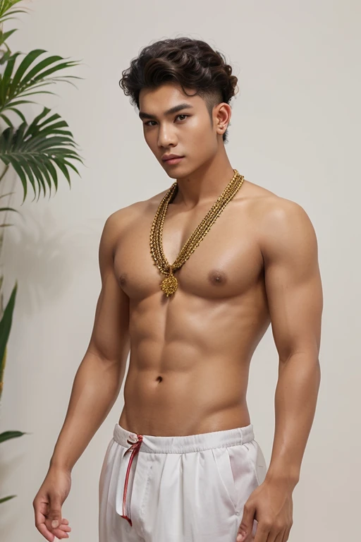 Young male model wearing Thai clothing Post a photo For advertising work in a studio with a plain white background., sleepy, pointy ears, raised eyebrows, fish hair ornament, curly hair, half updo, first-person view, Eye-Level Shot