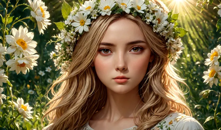 detailed beautiful young girl in summer field of flowers, intricate floral crown, sunlight streaming through trees, lush green foliage, warm golden lighting, photorealistic, highly detailed, cinematic composition, vibrant colors, magical realism