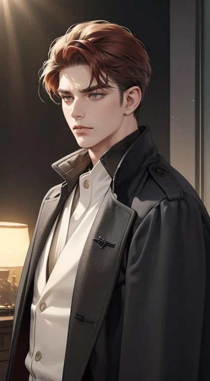 masterpiece, best quality, realistic, 1man, mature male, quiet and charming 1male, 30 years old, close his eyes, serious look, extremely detailed face, ((dark grey eyes)), ((short-right-swept dark red hair)), [thick eyebrows], detective, ((Dressed in a cla...