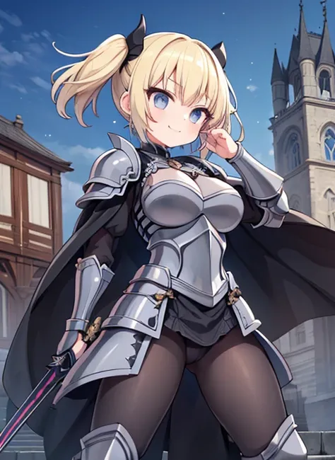 (masterpiece),(highest quality),(Detailed Expression), In the city, middle ages, sunlight, 1 girl, Grey Eyes, Blonde hair, smile＋Happy, Twin tails, short hair, ((Dark Black Knight Armor)), Long sword, Cute eyes, Small breasts,　Fighting Pose, Black Cape，Ear...