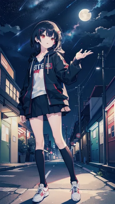 zettai ryouiki, Hoodie,short hair, Black hair, Flat chest, 1girl and 1cat Red eyes,teens girl,hair pin,Solo,full body, highres,blue sky,City,Looking up at the shining star,Looking up at the sky,night,Starry Sky,Shining Milky Way,moon,