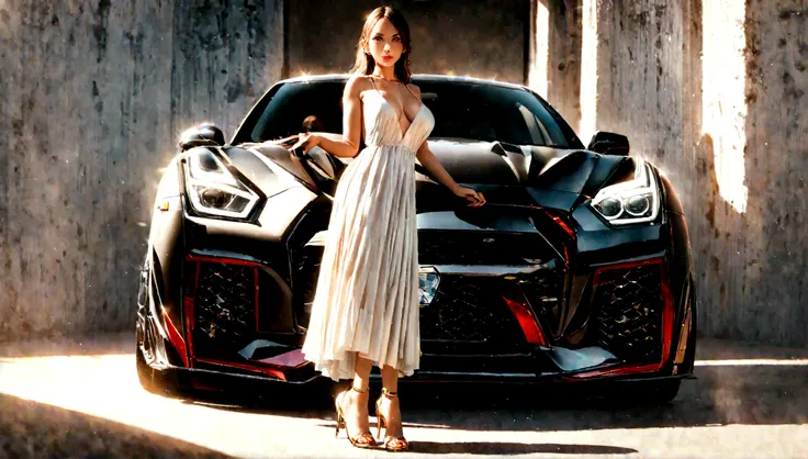 a beautiful girl in a tight dress posing next to a black nissan gtr, hyper realistic, 8k, cinematic lighting, detailed facial features, photorealistic, volumetric lighting, dramatic shadows, highly detailed, intricate details, stunning, exquisite, flawless...