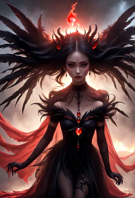 generate images of demons with crimson wings. give this image a captivating aura and powerful feather movement. next, add a devi...