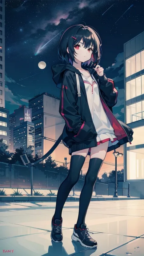 zettai ryouiki, Hoodie,short hair, Black hair, Flat chest, 1girl and 1cat Red eyes,teens girl,hair pin,Solo,full body, highres,blue sky,City,Looking up at the shining star,Looking up at the sky,night,Starry Sky,Shining Milky Way,moon,Back view,The person i...