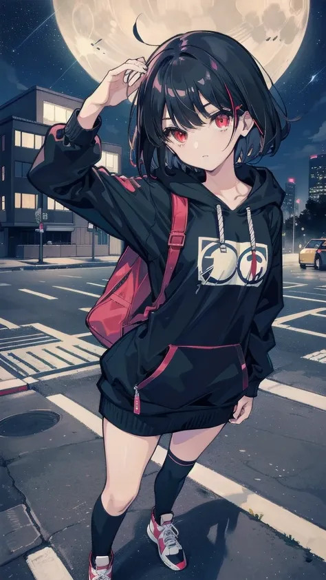 zettai ryouiki, Hoodie,short hair, Black hair, Flat chest, 1girl and 1cat Red eyes,teens girl,hair pin,Solo,full body, highres,blue sky,City,Looking up at the shining star,Looking up at the sky,night,Starry Sky,Shining Milky Way,moon,Back view,The person i...