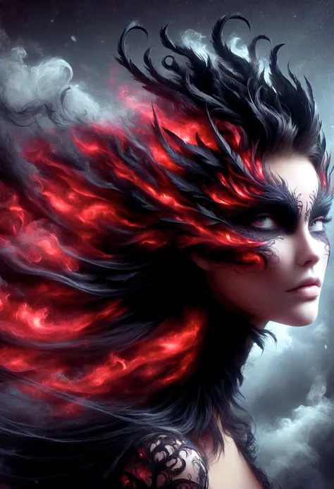 generate images of demons with crimson wings. give this image a captivating aura and powerful feather movement. next, add a devi...