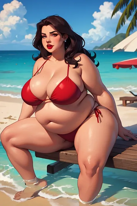 1 girl, morbidly obese seductive Spanish woman, red lips, long hair, (bikini), (double chin), overweight, (bloated belly), big breasts, make-up, exotic island, sitting 