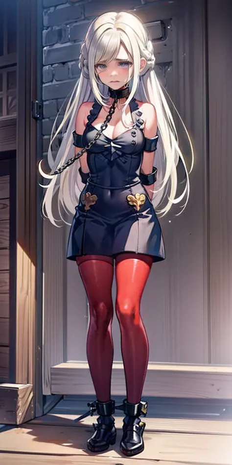 (masterpiece, best quality), intricate details, 1girl, 1girl in, age19, Solo, Long hair, Colossal, Looking at Viewer, blond hair (standing full body toe to head by wooden pole:1.2) iron collar, arms behind back, iron cuffs, shackles, bound, bondage outfit,...