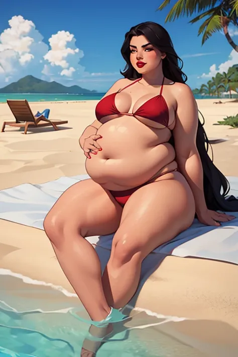 1 girl, morbidly obese seductive Spanish woman, red lips, long hair, (bikini), (double chin), overweight, (bloated belly), big breasts, make-up, exotic island, lying on a towel 