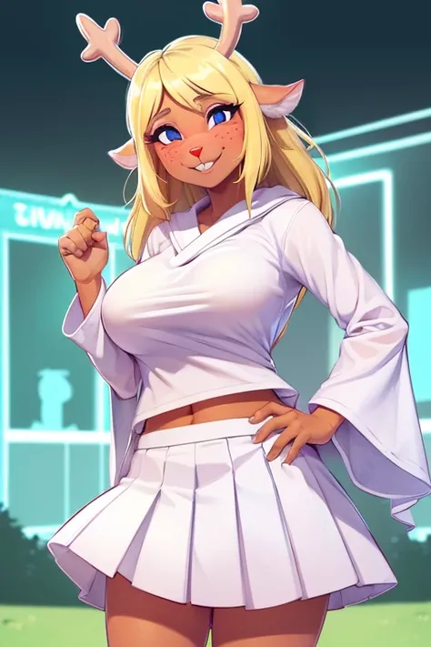 (noelle, furry female anthro, blonde hair, deer girl, red deer nose, white eyes, white pupils, white robe, serafuku, pleated skirt, big breasts, midriff), hands on hips, green neon city, smiling, winking, blushing