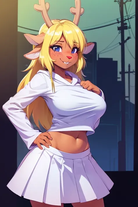 (noelle, furry female anthro, blonde hair, deer girl, red deer nose, white eyes, white pupils, white robe, serafuku, pleated skirt, big breasts, midriff), hands on hips, green neon city, smiling, winking, blushing