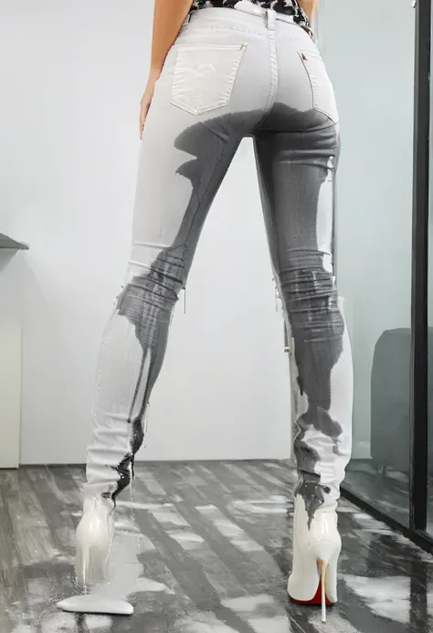 attractive blonde woman wearing skinny jeans, high heel boots, white blouse, standing in an office,  wetting, pee stains are gleaming wet, orgasmface