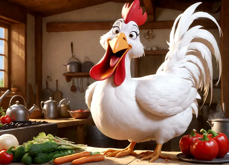 A classic 50s Looney Tunes style cartoon, Foghorn Leghorn the rooster swaggering and flirting with a cute farm woman as she prepares vegetables to roast, highly detailed, beautiful colors, dynamic and humorous scene, (best quality,8k,highres,masterpiece:1....