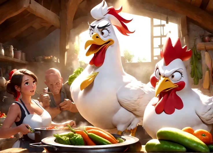 A classic 50s Looney Tunes style cartoon, Foghorn Leghorn the rooster swaggering and flirting with a cute farm woman as she prepares vegetables to roast, highly detailed, beautiful colors, dynamic and humorous scene, (best quality,8k,highres,masterpiece:1....