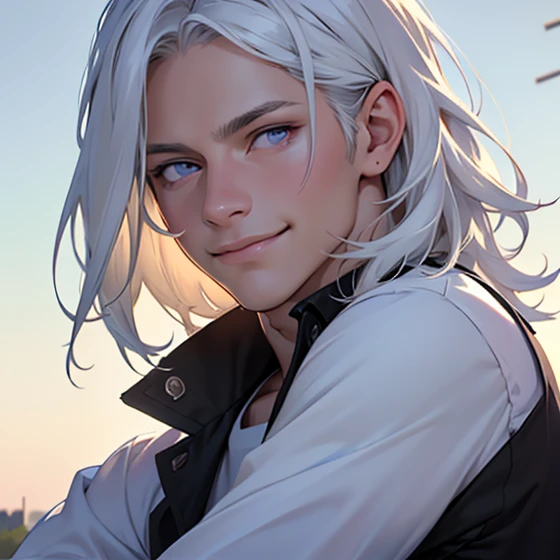 (realistic:1.37,best quality,4k,8k,highres,masterpiece:1.2),ultra-detailed,jovem,masculine Caucasian,deep purple eyes,gentle smile,simple clothing,school atmosphere,medium hair,white hair,slight smile.