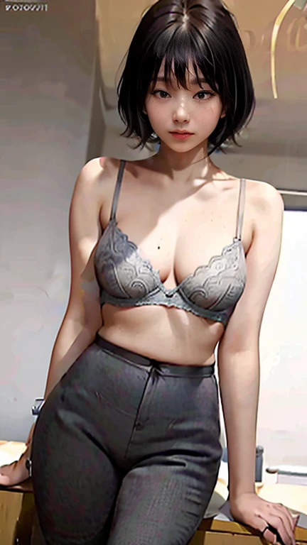 (Color photography), Realistic photos of beautiful Asian people、Slim Abs, (Highlight Haircut B Cup:1.2), Mid-chest, Round shaped breasts, Perfectly shaped breasts, (( )), ((Low-rise pants, Black Bra)), (()), As she poses confidently for the camera, Studio ...