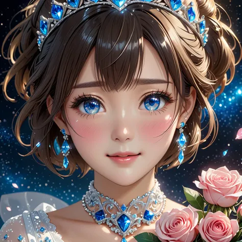 National Science Foundation,masterpiece,High resolution,8K,Art,digit,Three-dimensional,Realism,Kyoto Animation Style,your name movie style,cute,baby face,look into camera,Complex blue crystal background,(1 female: 1.3),(alone: 1.4),(Gorgeous sparkling whit...