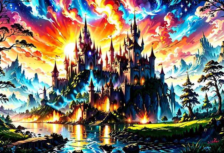 Arafed, an award winning picture, National Geographic style, magnificent artistic picture of a castle on a mountain range near a lake at dusk, fantasy art D&D art, castle, with towers, turrets, barbican, it is dusk time, the sun is going down, and there ar...