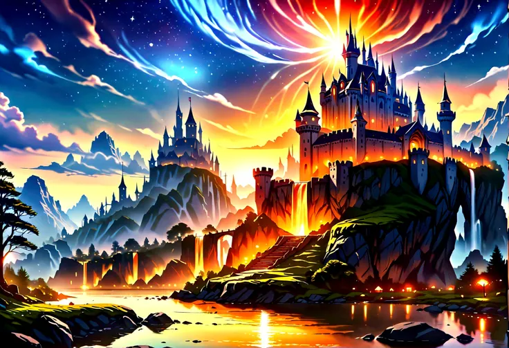 Arafed, an award winning picture, National Geographic style, magnificent artistic picture of a castle on a mountain range near a lake at dusk, fantasy art D&D art, castle, with towers, turrets, barbican, it is dusk time, the sun is going down, and there ar...