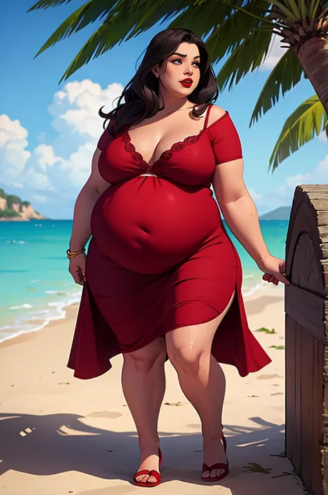 1 girl, morbidly obese seductive Spanish woman, red lips, long hair, (summer dress), (double chin), overweight, (bloated belly), big breasts, make-up, exotic island, walking 