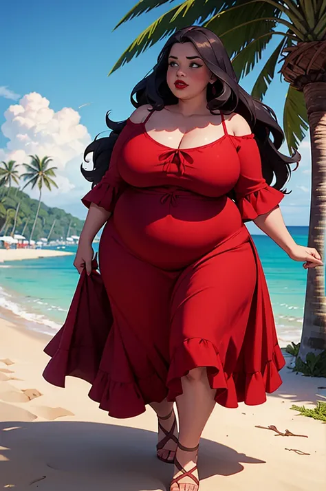 1 girl, morbidly obese seductive Spanish woman, red lips, long hair, (summer dress), (double chin), overweight, (bloated belly), big breasts, make-up, exotic island, walking 