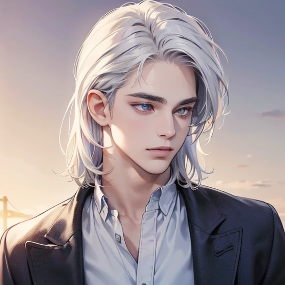 (realistic:1.37,best quality,4k,8k,highres,masterpiece:1.2),ultra-detailed,jovem,masculine Caucasian,deep purple eyes,gentle smile,simple clothing,school atmosphere,medium hair,white hair,slight smile.