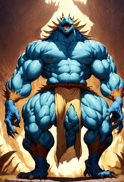 Solo, Male, lizardfolk, cheeky face, Wide face, Broad shoulders, Muscular, buff, Strong, Tall, Giant, Huge amounts of pubic, immensity, Gigantic, large biceps, large pecs, Blue body, Blue skin, Yellow eyes,long loincloth with， detailed crotch, massive bulg...