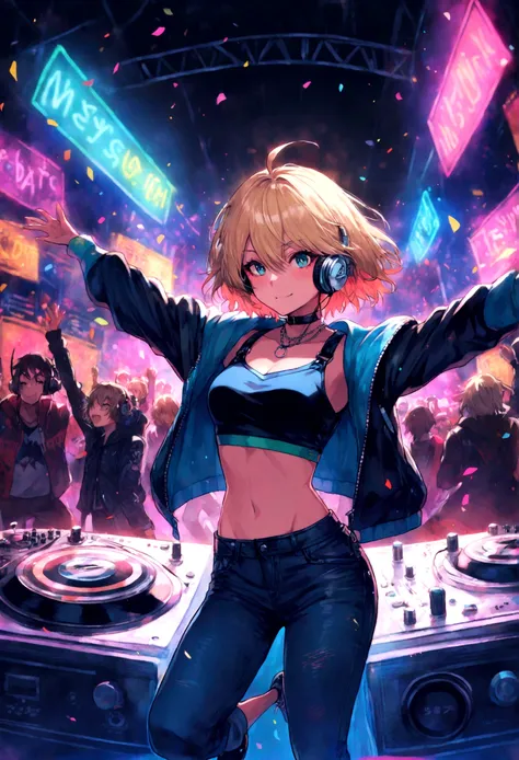 1 girl, kattyblum3, DJ, (26yr old),short  hair, blonde hair, music, turntable, Earphone, (Colorful hair:0.8), Energetic, self-assured,  atmosphere, Nightclub, Dance Floor, (Neon lights:1.3), techno music, High energy, (Radiant makeup:0.9), fashionable atti...