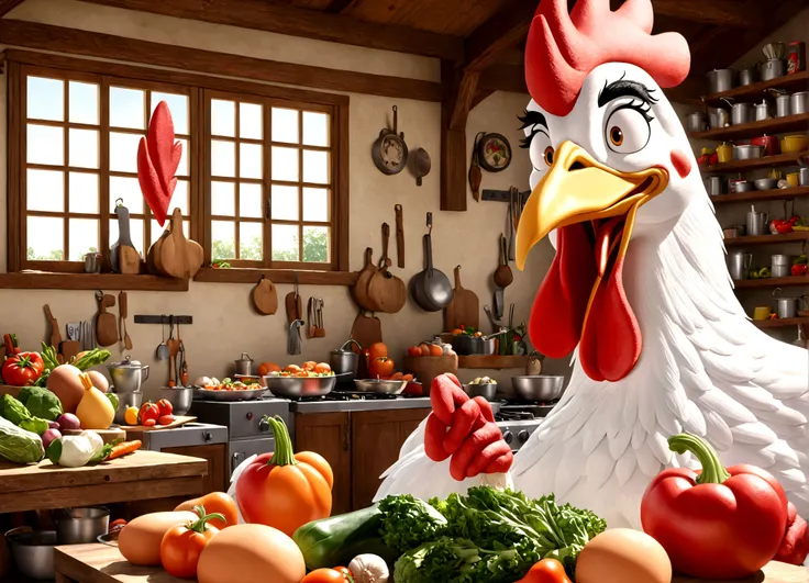 A classic 50s Looney Tunes style cartoon, Foghorn Leghorn the rooster swaggering and flirting with a cute farm woman as she prepares vegetables to roast, highly detailed, beautiful colors, dynamic and humorous scene, (best quality,8k,highres,masterpiece:1....