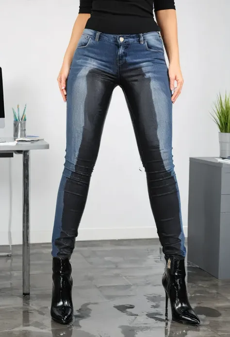 attractive blonde woman wearing skinny jeans, high heel boots, black blouse, standing in an office,  wetting, big smile, pee stains are gleaming wet