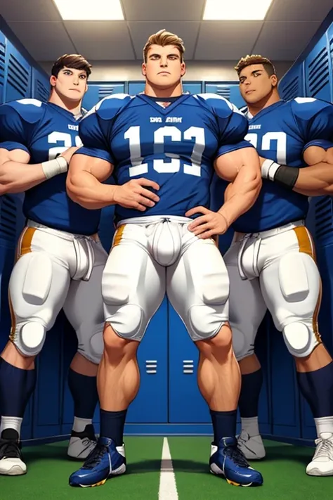 Three students stand in a row in a locker room. Hypnotized. Brainwashed. High school football team. Blank stare. dull eyes. unfocused gaze. Mouth hanging open. Drooling. Locker room. Football uniform. Cleats. Massive muscles. Hyper muscle. Bulging crotch. ...