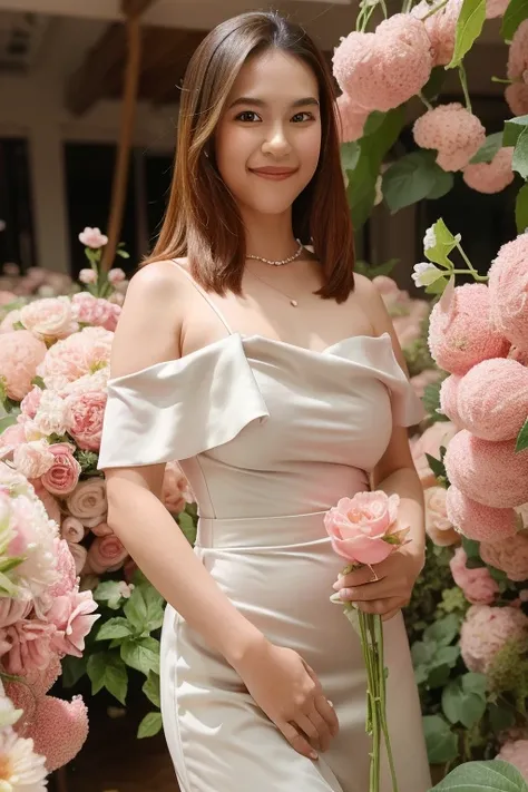 best quality, masterpiece, ultra high res, (photorealistic:1.4), raw photo, 1girl, white dress, off shoulder, blossom flower fie...