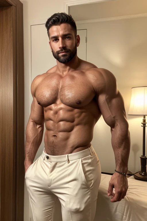 Beautiful  man 30 years old,  muscular body, barba rala, mas seu rosto esta iluminado pela fogueira. Creme formal trousers 