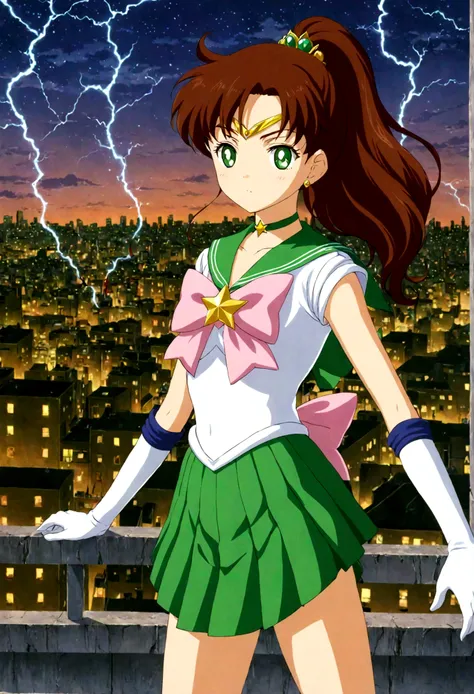 masterpiece, best quality, 1girl, solo, looking at viewer, facing viewer, night, rooftop, city, cityscape, anime screencap,1990s...