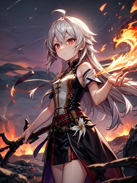 1 girl, bang, breathing fire, burning, burnt clothes, coals, ahoge, beige hair, multicolored hair, fire, flame, flaming sword, (...